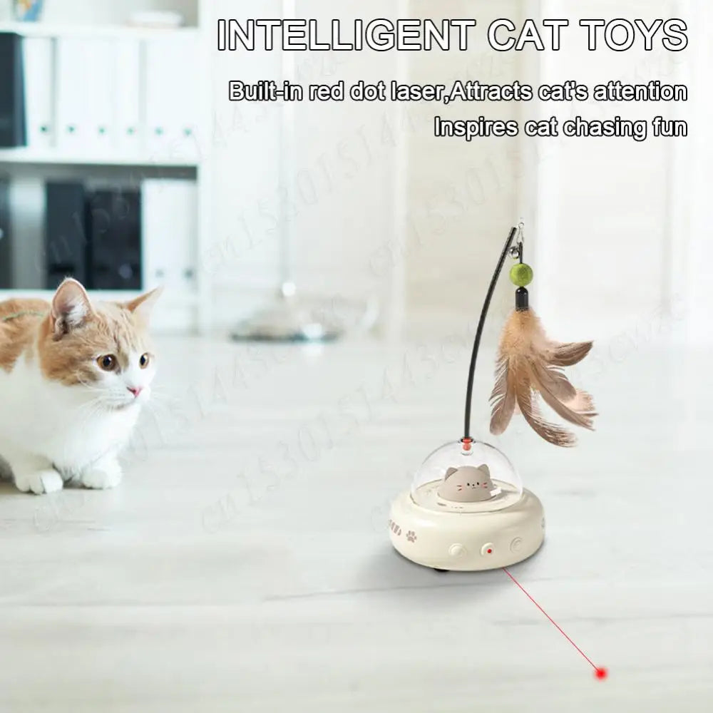 Cat playing with an intelligent cat toy with a red dot laser on a light background
