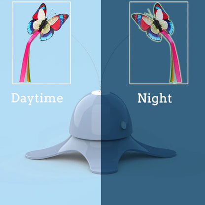 Light bulb with butterfly kite attachment showing difference between daytime and night time.