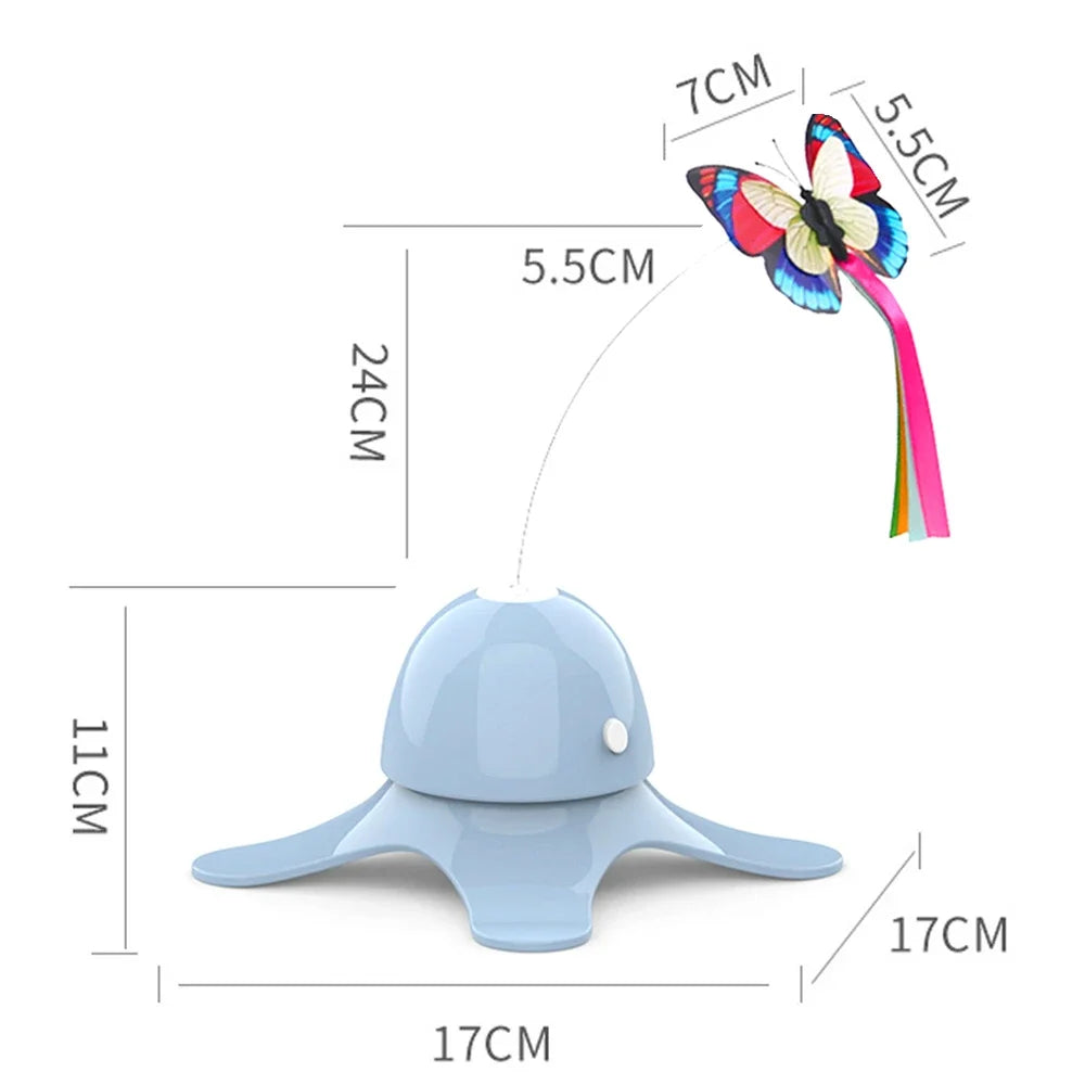 Blue toy with a butterfly attachment and measurements on a white background
